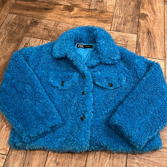 Zara Faux Shearling Teddy Jacket blue medium - Picture 1 of 5